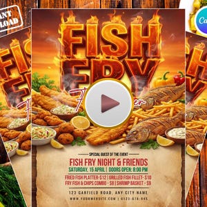 Può includere: Un volantino promozionale per un evento Fish Fry Night & Friends. Il design presenta uno sfondo infuocato con le parole "FISH FRY" in lettere grandi e in grassetto. Il volantino mostra immagini di pesce fritto, patatine fritte e altri alimenti. Il volantino include i dettagli dell'evento.