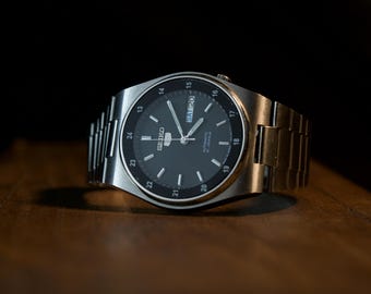 セイコー5 レイルウェイタイム ブラックダイヤル メンズ 自動巻き腕時計 7S26 21石 希少 日本製 36mm 修復済み ヴィンテージスタイル