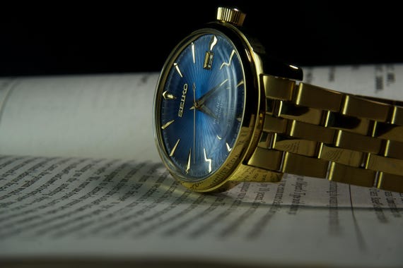 Vintage Seiko Presage Blue Dial | Gold Tone Case Automatic Watch | Luxury Sunray Blue Dress Watch Men’s Mechanical Timepiece | Elegant Gift