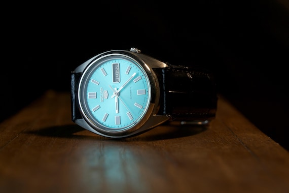 Vintage Seiko 5 Automatic Watch | Blue Dial | Black Leather Strap | Men's Japanese Watch | Classic Dress Watch | Watch Collector Gift