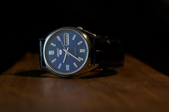 Vintage Seiko 5 Automatic Watch | Blue Dial | Black Leather Strap | Men's Japanese Watch | Classic Dress Watch | Watch Collector Gift
