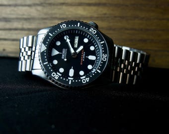 Seiko duiker met zwarte wijzerplaat | Vintage gerenoveerd automatisch horloge | Klassiek sporthorloge met zilveren kast voor heren | Mechanisch uurwerk | Luxe cadeau