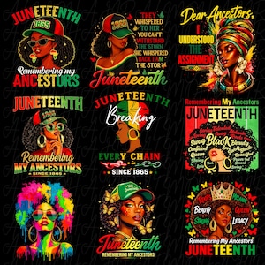May include: A collection of nine digital graphic designs celebrating Juneteenth, featuring illustrations of Black individuals, vibrant colors, and text including Juneteenth, Remembering My Ancestors, and Since 1865, set against a dark background.