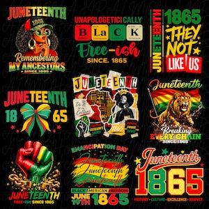 Op de afbeelding: Een verzameling van negen Juneteenth grafische ontwerpen met tekst, illustraties van een persoon met een afro, een leeuw, een opgeheven vuist, een strik en het Afrikaanse continent, uitgevoerd in rood, groen, geel en zwart op een zwarte achtergrond.