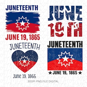 Puede incluir: Un conjunto gráfico digital que presenta la palabra Juneteenth, la fecha 19 de junio de 1865 y la bandera de Juneteenth con un campo azul y rojo y una estrella blanca. Los diseños incluyen una forma de corazón y texturas desgastadas en azul, rojo y blanco.