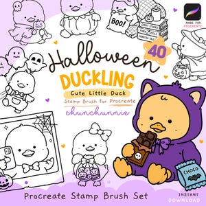 May include: A digital stamp brush set for Procreate featuring 40 Halloween-themed duckling illustrations. The graphics include line art of ducks in costumes, holding pumpkins, and reading books, plus a colored duckling in a purple cat costume.