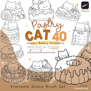 Puede incluir: Un conjunto de ilustraciones digitales con cuarenta sellos de arte lineal en blanco y negro de gatos interactuando con varios pasteles, incluyendo tartas y rollos. El texto dice Pastry CAT 40 Kawaii Bakery Collection, Stamp Brush for Procreate, chunchunnie y Procreate Stamp Brush Set.