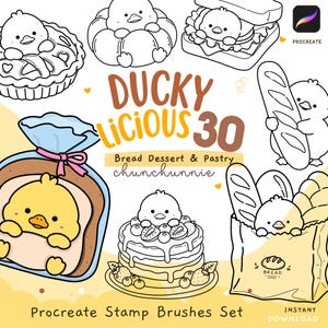 Puede incluir: Un conjunto de pinceles de sello digital para Procreate titulado DUCKY LICIOUS 30 Bread Dessert & Pastry de chunchunnie. La imagen presenta ilustraciones de líneas en blanco y negro de patitos interactuando con varios productos horneados como pasteles, sándwiches y pan.