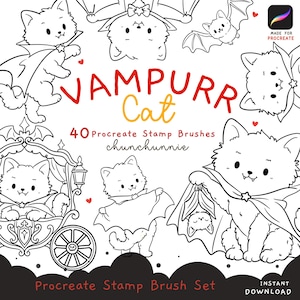 May include: A digital illustration set featuring black and white line art of cats dressed as vampires, including a cat in a carriage and a cat holding a bat. The text reads VAMPURR Cat, 40 Procreate Stamp Brushes, chunchunnie, and Made for Procreate.