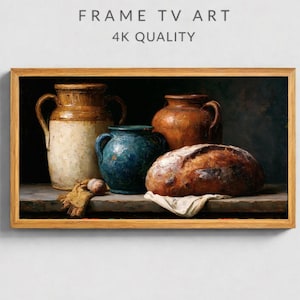 Peut inclure: Une œuvre d'art numérique intitulée FRAME TV ART 4K QUALITY représentant une nature morte composée d'une grande cruche en céramique beige, d'un petit pot émaillé bleu sarcelle et d'un récipient en terre cuite près d'un pain sur un tissu.