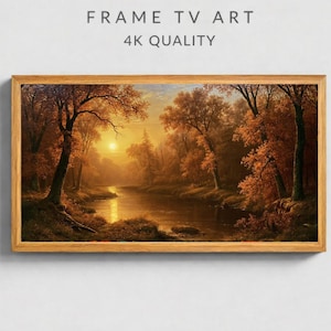 Peut inclure: Une peinture de paysage rectangulaire dans un cadre en bois représentant une rivière traversant une forêt automnale au coucher du soleil. Le soleil apparaît comme un orbe brillant dans le ciel doré. Le texte FRAME TV ART 4K QUALITY est imprimé au-dessus.