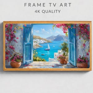 May include: A rectangular digital art print titled FRAME TV ART 4K QUALITY featuring a Mediterranean coastal scene viewed through open blue shutters. The painting shows a turquoise sea, a white sailboat, distant mountains, and pink bougainvillea flowers in terracotta pots.
