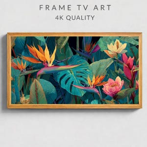 Tropical Botanical Frame TV Art, Colorful Jungle Floral Wall Art, Bird of Paradise Painting, 16:9 Samsung Frame TV Digital Download