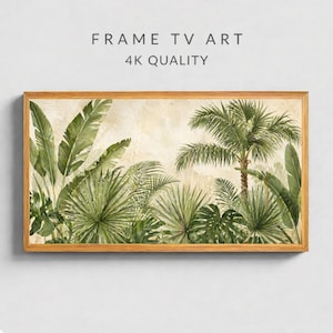 May include: A framed artwork featuring a watercolor painting of tropical plants and palm trees in shades of green. The artwork is framed in a light brown wooden frame. The text "FRAME TV ART" and "4K QUALITY" are displayed at the top.