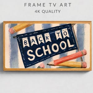 May include: A rectangular framed digital art piece featuring a dark blue banner with the white text BACK TO SCHOOL in a pennant style. The background has light blue and cream vertical stripes, accented by three colored pencils in yellow and red.