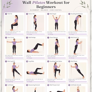 Rutina de Pilates en la pared para principiantes (PDF imprimible), reto de Pilates en la pared de 28 días, tabla de ejercicios para todo el cuerpo en casa, plan de ejercicios de bajo impacto.