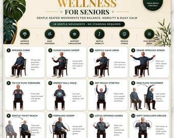 Può includere: Un poster didattico digitale intitolato Chair Tai Chi Wellness for Seniors, che presenta 16 illustrazioni numerate di una persona che esegue movimenti da seduta su una sedia, con testo descrittivo per ogni esercizio e benefici per il benessere.