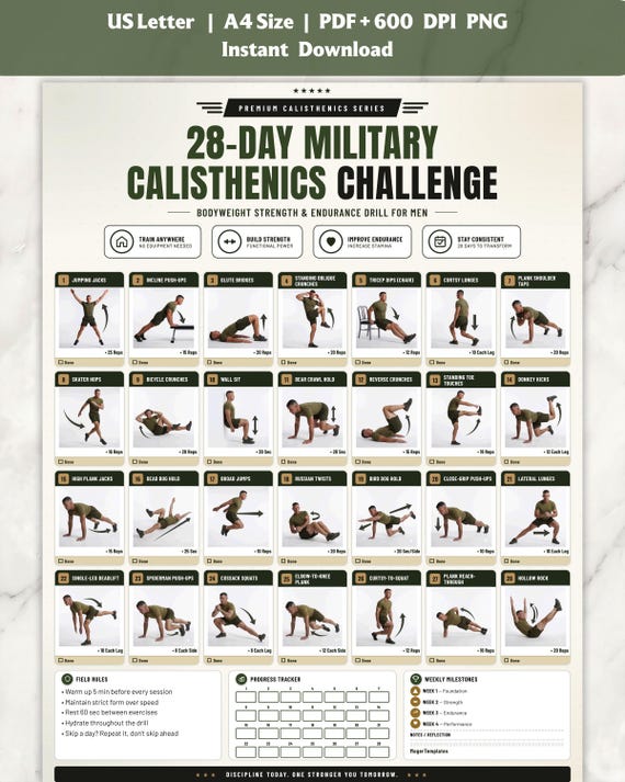 28 Day Military Calisthenics Workout Plan | Bodyweight Workout | No Equipment Bootcamp | Army PT Routine | Printable Fitness PDF