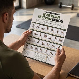 Pu&ograve; includere: Un foglio di carta bianco intitolato 28-Day Military Calisthenics Challenge che presenta una griglia di illustrazioni in bianco e nero che mostrano vari esercizi a corpo libero, con etichette di testo per le routine e un tracker.