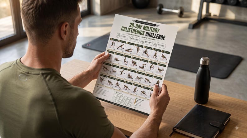 Pu&ograve; includere: Un foglio di carta bianco intitolato 28-Day Military Calisthenics Challenge che presenta una griglia di illustrazioni in bianco e nero che mostrano vari esercizi a corpo libero, con etichette di testo per le routine e un tracker.
