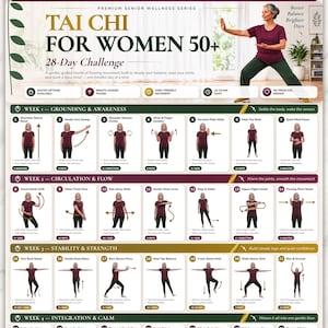 28-dagars Tai Chi-utmaning för seniorer 50+, utskrivbart fitnessdiagram för seniorer, skonsamt dagligt balanspass, programguide för styrka och flexibilitet