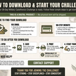 Pu&ograve; includere: Un'infografica intitolata HOW TO DOWNLOAD & START YOUR CHALLENGE per una sfida di calisthenics militare di 28 giorni. Descrive i passaggi per accedere ai file digitali via e-mail o Etsy, salvare, stampare e contattare l'assistenza tecnica.