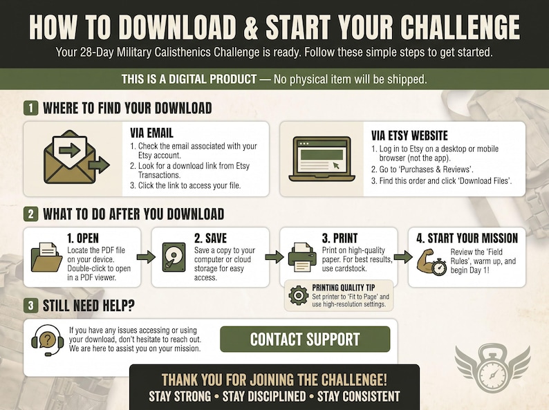 Pu&ograve; includere: Un'infografica intitolata HOW TO DOWNLOAD & START YOUR CHALLENGE per una sfida di calisthenics militare di 28 giorni. Descrive i passaggi per accedere ai file digitali via e-mail o Etsy, salvare, stampare e contattare l'assistenza tecnica.