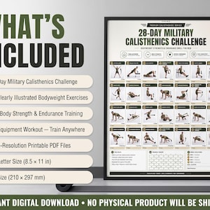Pu&ograve; includere: Un poster di sfida di calisthenics militare di 28 giorni con 28 esercizi illustrati a corpo libero, un tracker dei progressi e istruzioni. Il documento &egrave; disponibile in formato US Letter, 8,5 per 11 pollici, e A4, 210 per 297 mm.