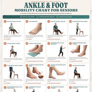 May include: A digital mobility chart for seniors titled Ankle & Foot Mobility Chart for Seniors, featuring 16 numbered exercise illustrations with instructions for improving foot strength, ankle flexibility, and balance in a 600 DPI PDF format.