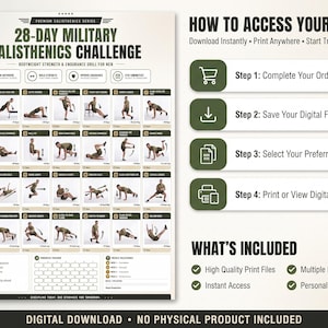 Pu&ograve; includere: Un grafico digitale di allenamento di 28 giorni di calisthenics militare con 28 illustrazioni di esercizi, passaggi numerati, un tracker dei progressi e traguardi settimanali. A destra sono riportate le istruzioni per accedere ai file.