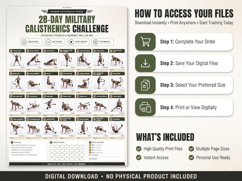 Pu&ograve; includere: Un grafico digitale di allenamento di 28 giorni di calisthenics militare con 28 illustrazioni di esercizi, passaggi numerati, un tracker dei progressi e traguardi settimanali. A destra sono riportate le istruzioni per accedere ai file.