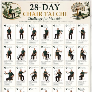 May include: A 28-day chair Tai Chi challenge chart for seniors, featuring 28 numbered exercise illustrations with instructions. The document includes text headers, a central tree graphic, and bamboo accents, formatted for US Letter and A4 paper sizes.