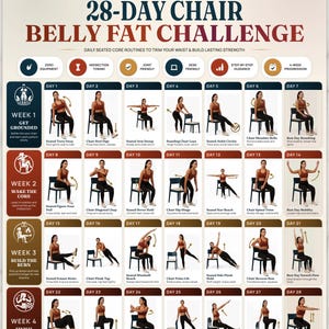 Pode incluir: Um gráfico digital de desafio de 28 dias para gordura abdominal em cadeira com rotinas diárias de exercícios sentados. O layout inclui 28 painéis individuais com ilustrações de uma pessoa realizando movimentos em uma cadeira, organizados por semanas.
