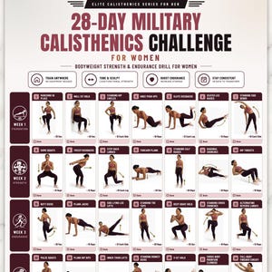 May include: A 28-day military calisthenics challenge workout chart featuring 28 numbered exercise illustrations with instructions. The document includes text headers, icons for training goals, and checkboxes for tracking progress in a grid layout.