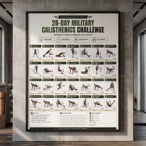 Pu&ograve; includere: Un poster da parete rettangolare intitolato 28-Day Military Calisthenics Challenge, che presenta una griglia di illustrazioni di esercizi con istruzioni testuali, in una cornice nera. Il poster mostra routine di allenamento, icone e un tracker di progresso.
