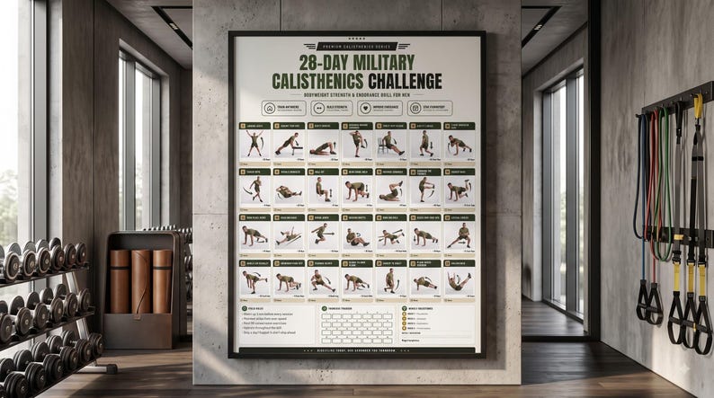 Pu&ograve; includere: Un poster da parete rettangolare intitolato 28-Day Military Calisthenics Challenge, che presenta una griglia di illustrazioni di esercizi con istruzioni testuali, in una cornice nera. Il poster mostra routine di allenamento, icone e un tracker di progresso.