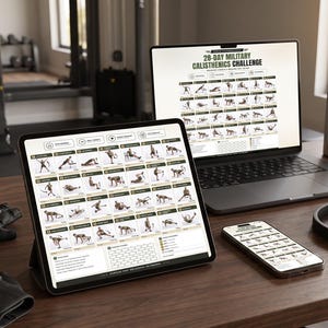 Pu&ograve; includere: Un portatile, un tablet e uno smartphone mostrano un piano di allenamento di calisthenics militare di 28 giorni. Gli schermi presentano una griglia di illustrazioni di esercizi. Guanti neri da allenamento e una borraccia argentata sono sul tavolo.