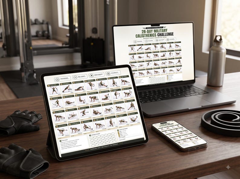 Pu&ograve; includere: Un portatile, un tablet e uno smartphone mostrano un piano di allenamento di calisthenics militare di 28 giorni. Gli schermi presentano una griglia di illustrazioni di esercizi. Guanti neri da allenamento e una borraccia argentata sono sul tavolo.