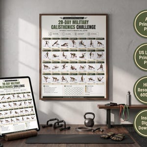 Pu&ograve; includere: Un poster e un tablet con il 28-day military calisthenics challenge, illustrazioni di esercizi, un tracker dei progressi e testo. Include badge circolari con A4 Printable PDF, US Letter Printable PDF, 600 DPI e Instant Digital Download.