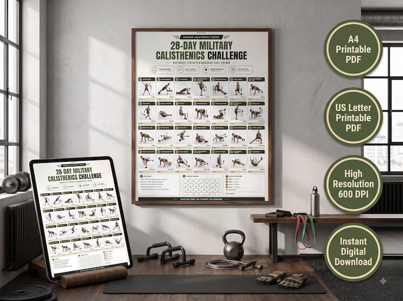 Pu&ograve; includere: Un poster e un tablet con il 28-day military calisthenics challenge, illustrazioni di esercizi, un tracker dei progressi e testo. Include badge circolari con A4 Printable PDF, US Letter Printable PDF, 600 DPI e Instant Digital Download.