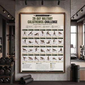 Pu&ograve; includere: Un poster da parete incorniciato intitolato 28-Day Military Calisthenics Challenge che presenta una griglia di illustrazioni di esercizi, testo didattico e un tracker dei progressi. Il poster ha uno sfondo bianco con testo nero e accenti verde scuro.