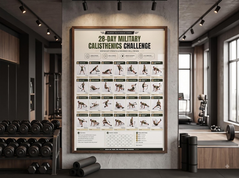 Pu&ograve; includere: Un poster da parete incorniciato intitolato 28-Day Military Calisthenics Challenge che presenta una griglia di illustrazioni di esercizi, testo didattico e un tracker dei progressi. Il poster ha uno sfondo bianco con testo nero e accenti verde scuro.