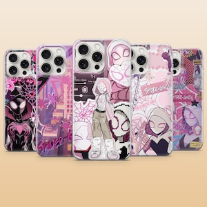 Op de afbeelding: Vijf smartphonehoesjes met diverse grafische ontwerpen van het personage Spider-Gwen. De hoesjes tonen roze, paarse en witte kleurenpaletten met illustraties in stripstijl, spinnenwebpatronen en tekst, waaronder de naam Spider-Gwen.