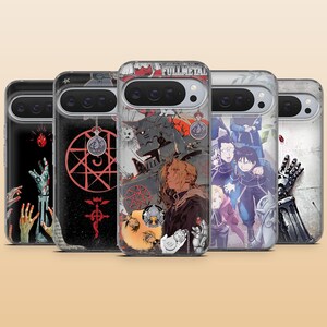 May include: Five smartphone cases featuring Fullmetal Alchemist anime graphics. Designs include a red transmutation circle, a metallic suit of armor, character illustrations, and a mechanical hand. Each case has a cutout for a triple camera system.