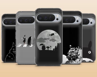 Zwart Ghibli-telefoonhoesje Dark Moody Anime Cover voor Google Pixel 10, 10Pro, 9Pro, 9A, 9, 8A, 7, 6A, Samsung S26, S25, A17, A56, iPhone 17e