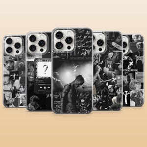 Puede incluir: Una colección de fundas para teléfonos en blanco y negro con imágenes de un músico. Las fundas muestran varios retratos, fotos de conciertos y texto manuscrito. Las fundas están diseñadas para un teléfono inteligente.