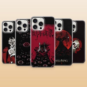 May include: A collection of five smartphone cases featuring Hellsing anime artwork. The designs include a character with a red coat, multiple eyes on a black background, a central figure with dual pistols, a silhouette against a red moon, and a circular emblem.