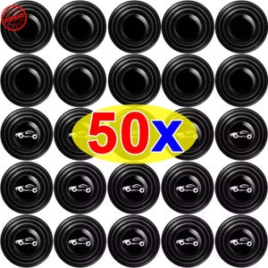 May include: A collection of 50 black car door protectors. Each round protector has a car silhouette and is surrounded by concentric circles. The number "50x" is displayed in red and blue on a yellow oval.