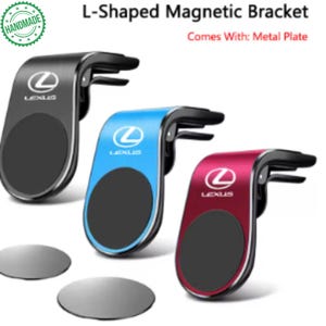 May include: L-shaped magnetic brackets in black, blue, and red, each with a black circular area and the Lexus logo. The brackets come with metal plates. The text "L-Shaped Magnetic Bracket" and "Comes With: Metal Plate" are visible.