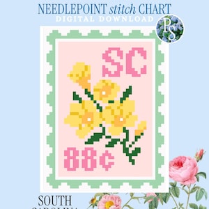 May include: A digital needlepoint stitch chart featuring a postage stamp design with a light pink background, a green border, yellow flowers, and the text SC and 88 cents. The top text reads PETITE STITCHERY NEEDLEPOINT STITCH CHART DIGITAL DOWNLOAD.